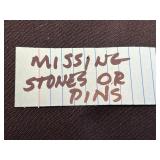 Vintage Stamp Pendant Necklaces & Rhinestone Brooches in Display Case - brooches missing stones or pins