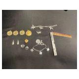 Vintage Jewelry Assortment: Maple-Leaf Charm Bracelet, Heart Locket, Engraved Bar & Hair Comb - quarter for scale