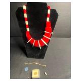VTG Red & White Block Bead Necklace - Gold-Tone Bracelet - Coin Pendant & Pins