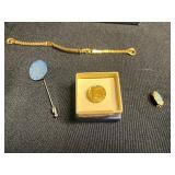 VTG Red & White Block Bead Necklace - Gold-Tone Bracelet - Coin Pendant & Pins