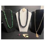 Sarah Coventry Gold-Tone Tassel Necklace, Black Bead Necklace, Green Bead Necklace, Pink Orchid Pendant, KIM Crescent Pin