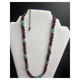Three-Piece Necklace Set - Garnet Red & Mint Bead Necklace, White Bone Collar, Brown Bead Chain, Giraffe Pin