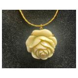 Vintage Jewelry Set: Mother-of-Pearl Pin, Rose Pendant Necklace, Amber Bead Necklace