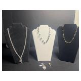Jewelry Lot: 3 Necklaces - Rhinestone, Pearl w Gold Beads (unverified), Black Pearl (unverified), VTG Monet Pendant, Floral Pin