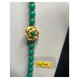 VTG Green Stone Knotted Bead Necklace with Gold Floral Pendant, Earrings & Gold Chain Necklace