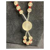 VTG Green Stone Knotted Bead Necklace with Gold Floral Pendant, Earrings & Gold Chain Necklace