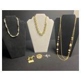 Three Vintage Necklaces Set - Gold-Tone Leaf, Crystal Chip, Bead Chain (Lot of 3), Carolee Dog Pin & More!