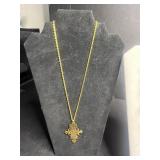 Gold-Tone Necklace Set with Monet Tassel Pendant, VTG Pins, Gold Tone Cross & Bulky Chain Necklaces