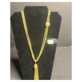 Gold-Tone Necklace Set with Monet Tassel Pendant, VTG Pins, Gold Tone Cross & Bulky Chain Necklaces