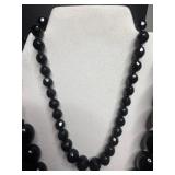 Black Bead Necklaces Set with Layered Silver Tone Chains & Dangling Earrings