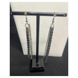 Black Bead Necklaces Set with Layered Silver Tone Chains & Dangling Earrings