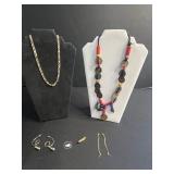 Boho Gold-Tone Bead Necklace Set: Coin Discs, Chain Necklace, Hoop Earrings, MoM Bracelet & Floral Pin