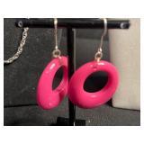 Tiger Eye Pendant & Assorted Costume Jewelry Lot: Silver Chains, Enamel Pendants & Colorful Earrings