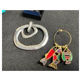 Tiger Eye Pendant & Assorted Costume Jewelry Lot: Silver Chains, Enamel Pendants & Colorful Earrings