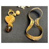 Tiger Eye Pendant & Assorted Costume Jewelry Lot: Silver Chains, Enamel Pendants & Colorful Earrings