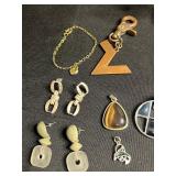 Tiger Eye Pendant & Assorted Costume Jewelry Lot: Silver Chains, Enamel Pendants & Colorful Earrings