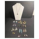 Vintage Costume Jewelry Set - Necklace w Religious Madonna & Pearl, Dragonfly, Animal Charm & Turquoise Bead Earrings