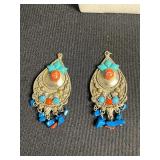 Vintage Costume Jewelry Set - Necklace w Religious Madonna & Pearl, Dragonfly, Animal Charm & Turquoise Bead Earrings