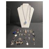 Leaf Pendant Necklace with Blue Enamel - Silver-Tone Leaf Overlay on Black Cord & Assorted SINGLE Earrings