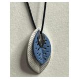 Leaf Pendant Necklace with Blue Enamel - Silver-Tone Leaf Overlay on Black Cord & Assorted SINGLE Earrings
