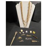 Vintage Costume Jewelry Lot w Layered Gold-Tone Necklace Set with Tie Clips, Pins & Charms