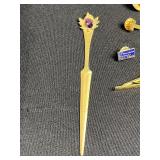 Vintage Costume Jewelry Lot w Layered Gold-Tone Necklace Set with Tie Clips, Pins & Charms