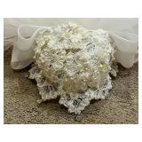 Beautiful VTG Bridal Gown - Ivory Lace Overlay with Pearl Embellishments, Button-Back & Veil - Approx SZ 12