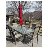 BY - Glass Top Patio Table with Six Chairs & Umbrella