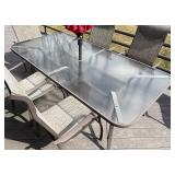 BY - Glass Top Patio Table with Six Chairs & Umbrella
