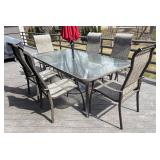 BY - Glass Top Patio Table with Six Chairs & Umbrella