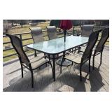 BY - Glass Top Patio Table with Six Chairs & Umbrella