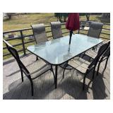 BY - Glass Top Patio Table with Six Chairs & Umbrella