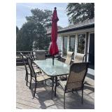 BY - Glass Top Patio Table with Six Chairs & Umbrella