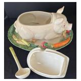 K - Vintage Fitz & Floyd French Market Pig Soup Tureen with Platter
