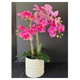 K - Pink Orchid Artificial Flower Arrangement In White Ribbed Pot