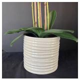 K - Pink Orchid Artificial Flower Arrangement In White Ribbed Pot