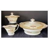 K - Vintage Noritake Rosebud Covered Serving Bowl, Creamer Pitcher & Sugar Dish