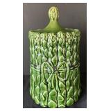 K - McCoy Vintage Asparagus Motif Canister with Lid - Green Glazed Stoneware