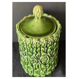 K - McCoy Vintage Asparagus Motif Canister with Lid - Green Glazed Stoneware