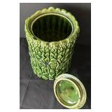 K - McCoy Vintage Asparagus Motif Canister with Lid - Green Glazed Stoneware