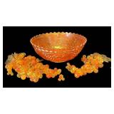 K - Vintage Imperial Marigold Grape Carnival Glass Bowl with Three Beaded Grape Bunches