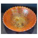 K - Vintage Imperial Marigold Grape Carnival Glass Bowl with Three Beaded Grape Bunches