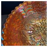 K - Vintage Imperial Marigold Grape Carnival Glass Bowl with Three Beaded Grape Bunches