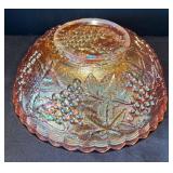 K - Vintage Imperial Marigold Grape Carnival Glass Bowl with Three Beaded Grape Bunches