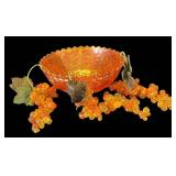 K - Vintage Imperial Marigold Grape Carnival Glass Bowl with Three Beaded Grape Bunches