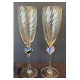 K - Two Signed Art Glass Champagne Flutes