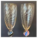 K - Two Signed Art Glass Champagne Flutes