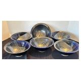 P - Set of 6 Artisan Crafted Pottery Bowls with Blue and Silver Glaze, Signed