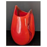 UL - Unsigned Art Glass Vase - Bright Orange-Red With Clear Twist Edge