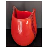 UL - Unsigned Art Glass Vase - Bright Orange-Red With Clear Twist Edge